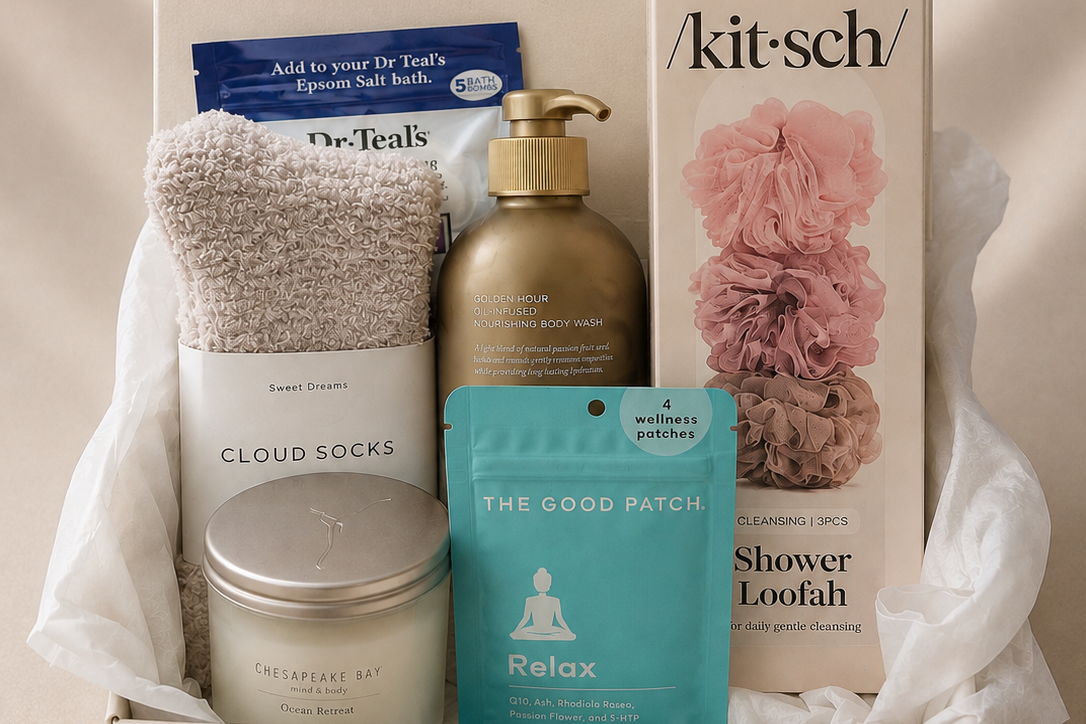 A curated spa gift box from Serein, filled with bath and body items including Cloud Socks, a candle, a shower loofah, and a bottle, arranged in white tissue paper inside a cream-colored box.